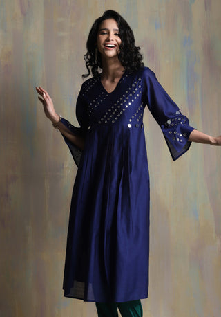 Charkhee-Sapphire Blue Chanderi Kurta Set-INDIASPOPUP.COM