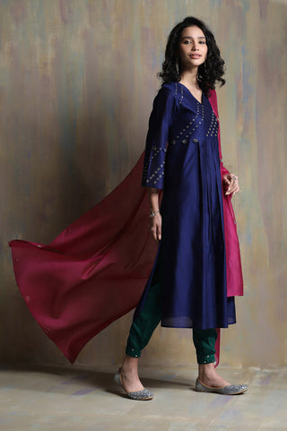 Charkhee-Sapphire Blue Chanderi Kurta Set-INDIASPOPUP.COM