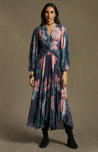 Ritu Kumar-Blue Floral Print Pleated Jumpsuit-INDIASPOPUP.COM