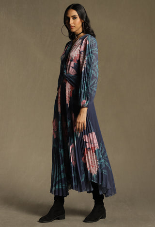 Ritu Kumar-Blue Floral Print Pleated Jumpsuit-INDIASPOPUP.COM