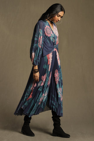 Ritu Kumar-Blue Floral Print Pleated Jumpsuit-INDIASPOPUP.COM