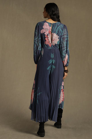 Ritu Kumar-Blue Floral Print Pleated Jumpsuit-INDIASPOPUP.COM