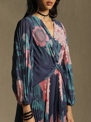 Ritu Kumar-Blue Floral Print Pleated Jumpsuit-INDIASPOPUP.COM