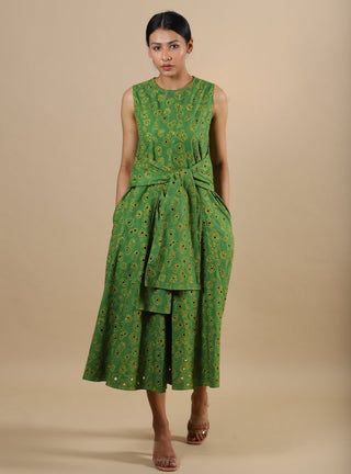 Kanelle-Green Aria Schiffli Dress-INDIASPOPUP.COM