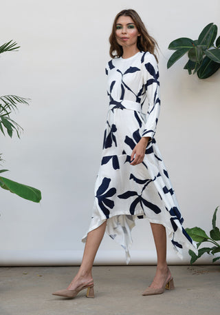 Kanelle-Ivory Floral Print Dress With Belt-INDIASPOPUP.COM
