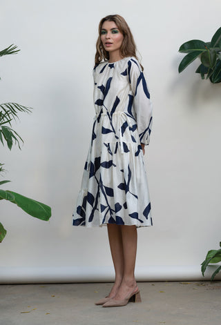 Kanelle-Ivory Printed Dress With Gather Detail-INDIASPOPUP.COM