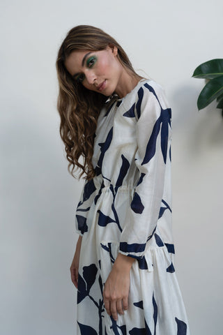 Kanelle-Ivory Printed Dress With Gather Detail-INDIASPOPUP.COM