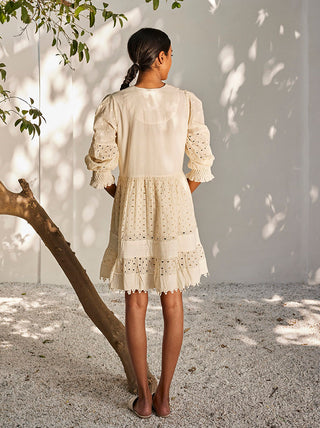Kharakapas-Off-White Schiffli Cotton Dress-INDIASPOPUP.COM