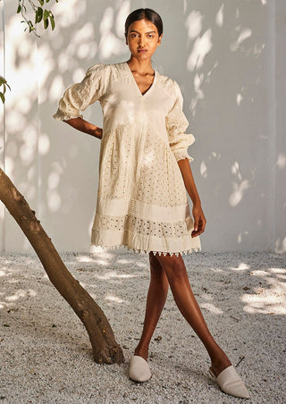 Kharakapas-Off-White Schiffli Cotton Dress-INDIASPOPUP.COM