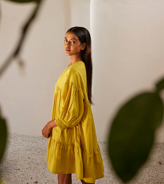 Kharakapas Marigold Lime Yellow Dress