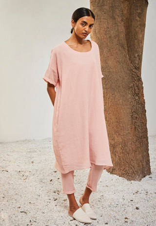 Kharakapas-Baby Pink Cotton Tunic With Trouser-INDIASPOPUP.COM