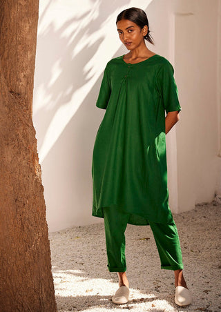 Kharakapas-Engraved Forest Green Tunic With Trousers-INDIASPOPUP.COM