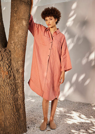 Kharakapas-Rose Blossom Pink Shirt Dress-INDIASPOPUP.COM