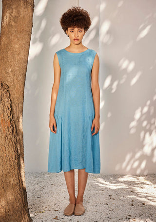 Kharakapas-Sapphire Blue Linen Midi Dress-INDIASPOPUP.COM