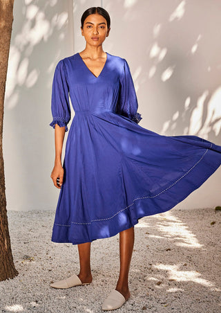 Kharakapas-Bustling Wind Indigo Blue Dress-INDIASPOPUP.COM