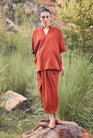 Kharakapas-Brick Red Dhoti Skirt With Shirt-INDIASPOPUP.COM
