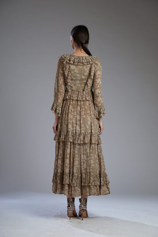 Koai-Grey & Brown Floral Frill Dress-INDIASPOPUP.COM
