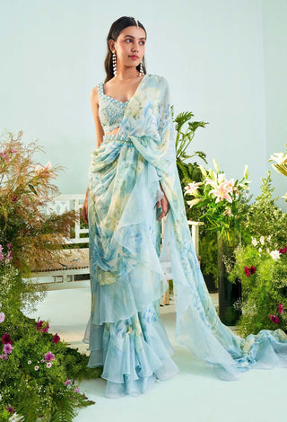 Mani Bhatia-Aria Ice Blue Ruffle Saree Set-INDIASPOPUP.COM