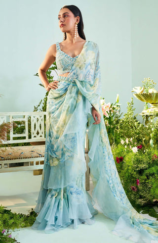 Mani Bhatia-Aria Ice Blue Ruffle Saree Set-INDIASPOPUP.COM