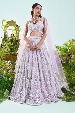 Mani Bhatia-Ruby Lilac Pearl Embroidered Lehenga Set-INDIASPOPUP.COM