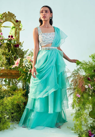 Mani Bhatia-Chloe Aqua Blue Ruffle Drape Saree Set-INDIASPOPUP.COM