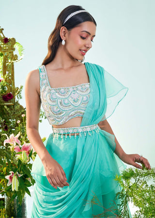 Mani Bhatia-Chloe Aqua Blue Ruffle Drape Saree Set-INDIASPOPUP.COM