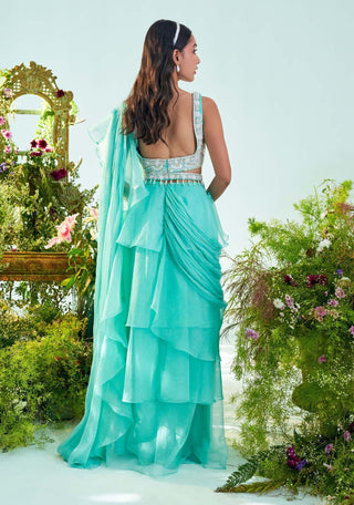 Mani Bhatia-Chloe Aqua Blue Ruffle Drape Saree Set-INDIASPOPUP.COM