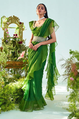 Mani Bhatia-Scarlett Forest Green Ruffle Saree Set-INDIASPOPUP.COM