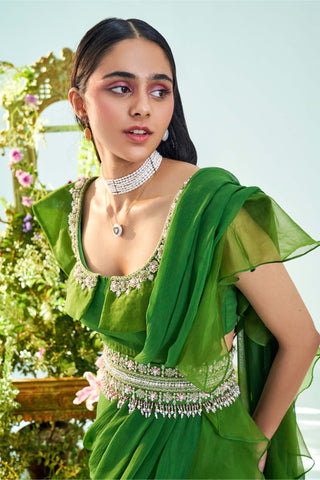 Mani Bhatia-Scarlett Forest Green Ruffle Saree Set-INDIASPOPUP.COM