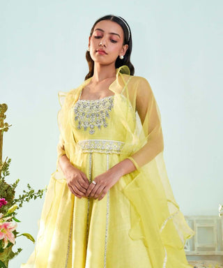 Mani Bhatia-Ivy Lime Yellow Anarkali With Dupatta And Belt-INDIASPOPUP.COM