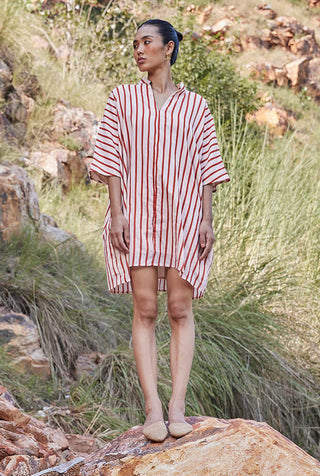 Kharakapas-Red Off-White Striped Shirt Dress-INDIASPOPUP.COM