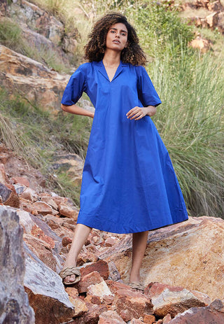 Kharakapas-Blue A-Line Midi Dress-INDIASPOPUP.COM