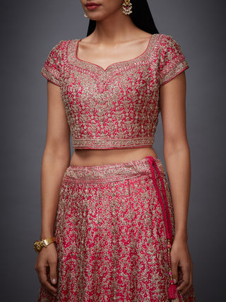 Ri.Ritu Kumar-Fuchsia Short Blouse With Lehenga & Dupatta-INDIASPOPUP.COM