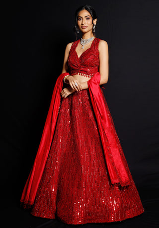 Archana Kochhar-Red Embellished Lehenga Set-INDIASPOPUP.COM