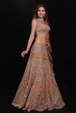 Archana Kochhar-Gold Floral Embroidered Lehenga Set-INDIASPOPUP.COM