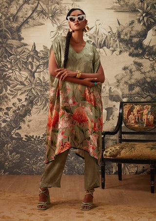 Kalista-Sage Green Kaftan And Pants-INDIASPOPUP.COM