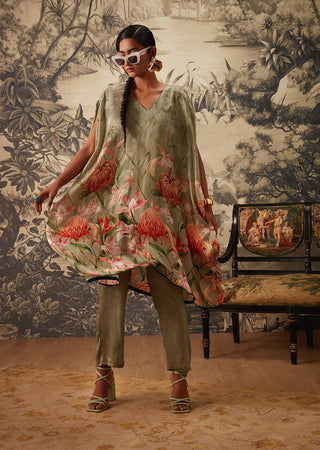 Kalista-Sage Green Kaftan And Pants-INDIASPOPUP.COM