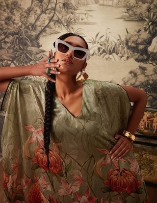 Kalista-Sage Green Kaftan And Pants-INDIASPOPUP.COM