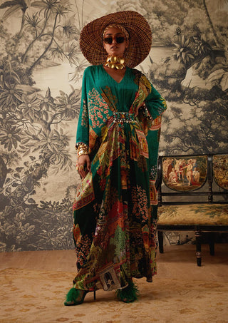 Kalista-Bottle Green Printed Kaftan-INDIASPOPUP.COM