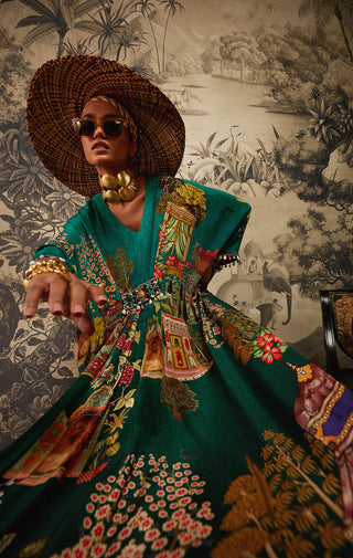 Kalista-Bottle Green Printed Kaftan-INDIASPOPUP.COM