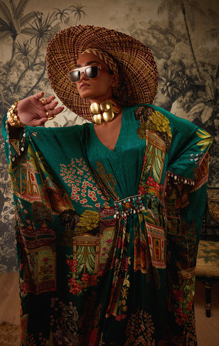 Kalista-Bottle Green Printed Kaftan-INDIASPOPUP.COM