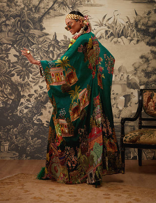 Kalista-Bottle Green Printed Kaftan-INDIASPOPUP.COM