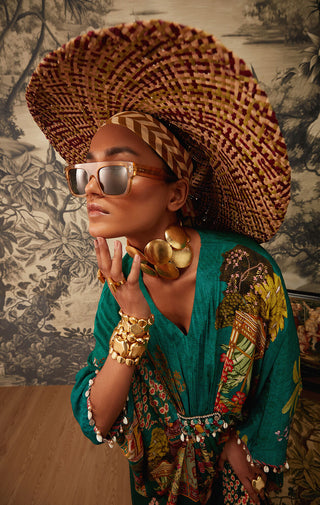 Kalista-Bottle Green Printed Kaftan-INDIASPOPUP.COM