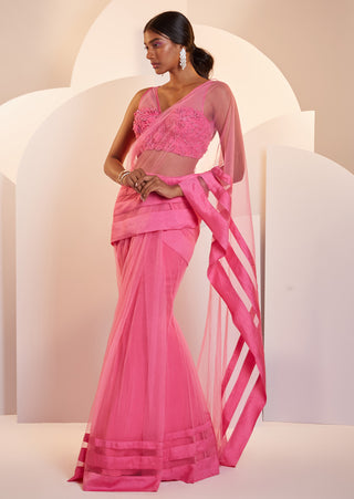Shloka Khialani-Claire Hot Pink Pleated Sari With Blouse-INDIASPOPUP.COM
