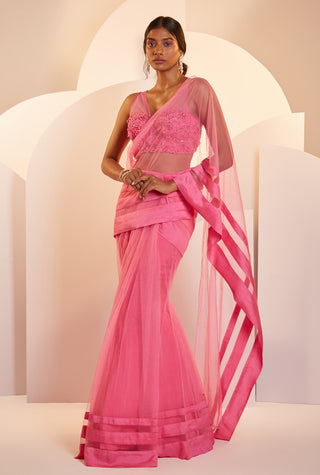 Shloka Khialani-Claire Hot Pink Pleated Sari With Blouse-INDIASPOPUP.COM