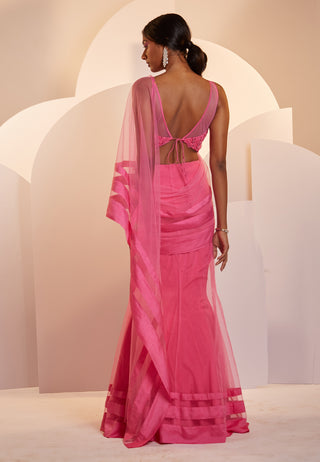 Shloka Khialani-Claire Hot Pink Pleated Sari With Blouse-INDIASPOPUP.COM