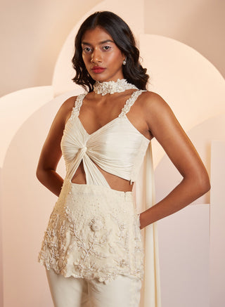 Shloka Khialani-Rachel Ivory Draped Bodice With Pant And Dupatta-INDIASPOPUP.COM