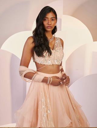 Shloka Khialani-Modena Peach Layered Lehenga Set-INDIASPOPUP.COM