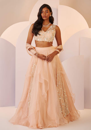 Shloka Khialani-Modena Peach Layered Lehenga Set-INDIASPOPUP.COM