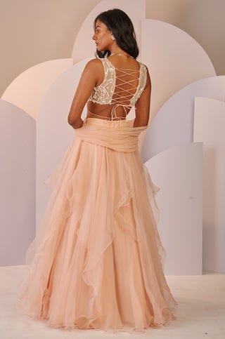Shloka Khialani-Modena Peach Layered Lehenga Set-INDIASPOPUP.COM